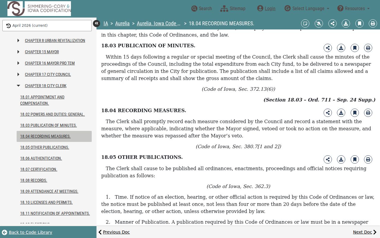 Aurelia criminal records source showing city clerk retention and copy rules