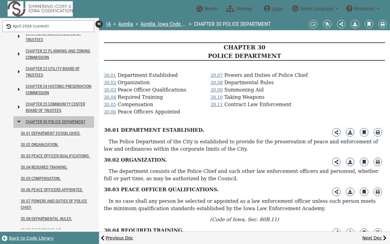 Aurelia criminal records source showing Police Department code provisions