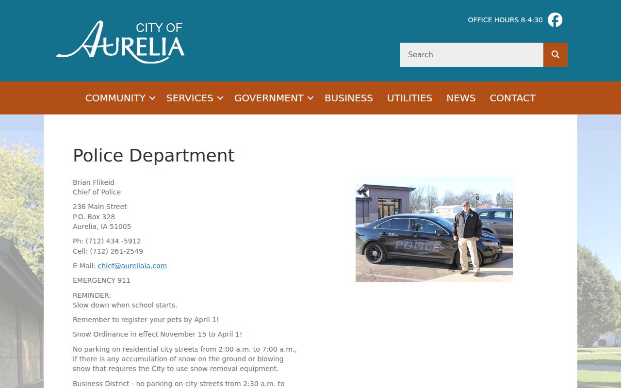 Aurelia criminal records contact page for the Police Department at City Hall