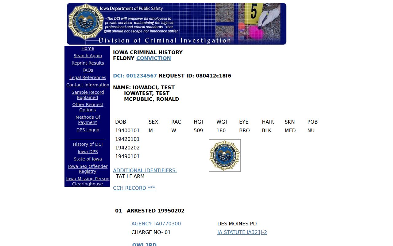 Cherokee County arrest record and DCI result explanation