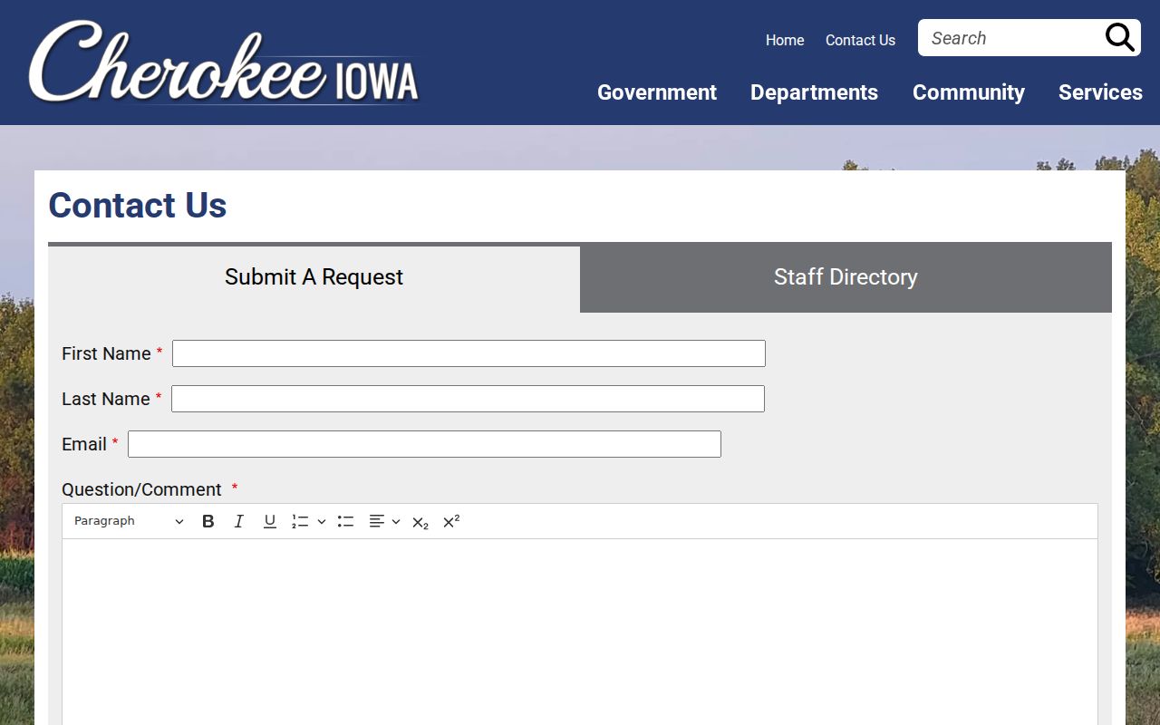 Official city contact form used to route a Cherokee criminal records request