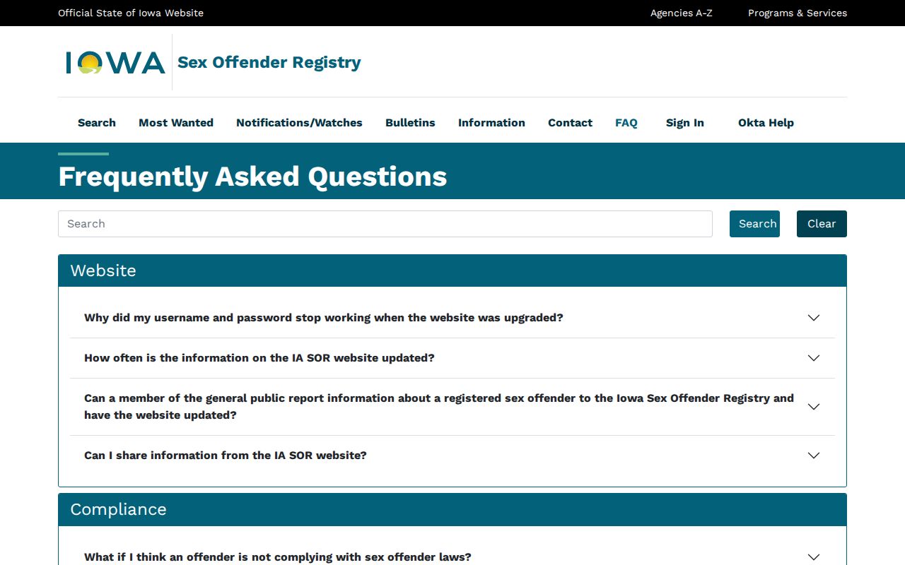 Iowa registry search help for Cherokee County sex offender alerts and status terms